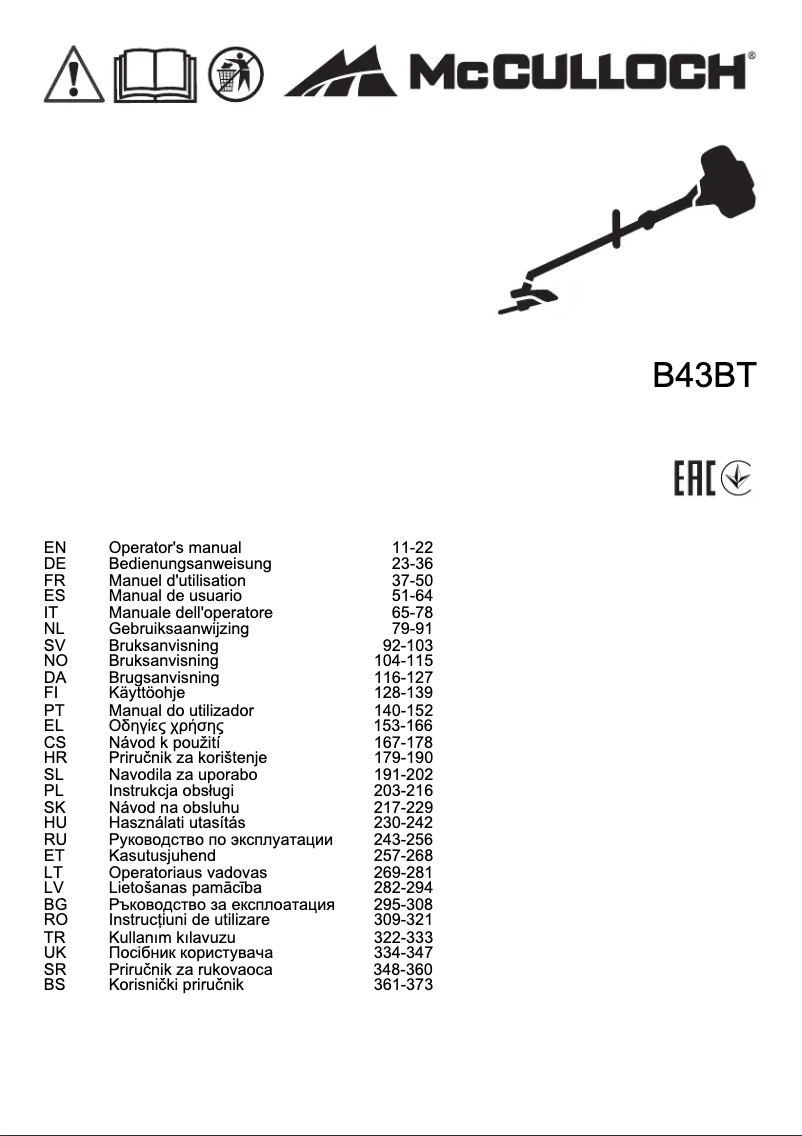 Page 1 de la notice Manuel utilisateur McCulloch B43 BT