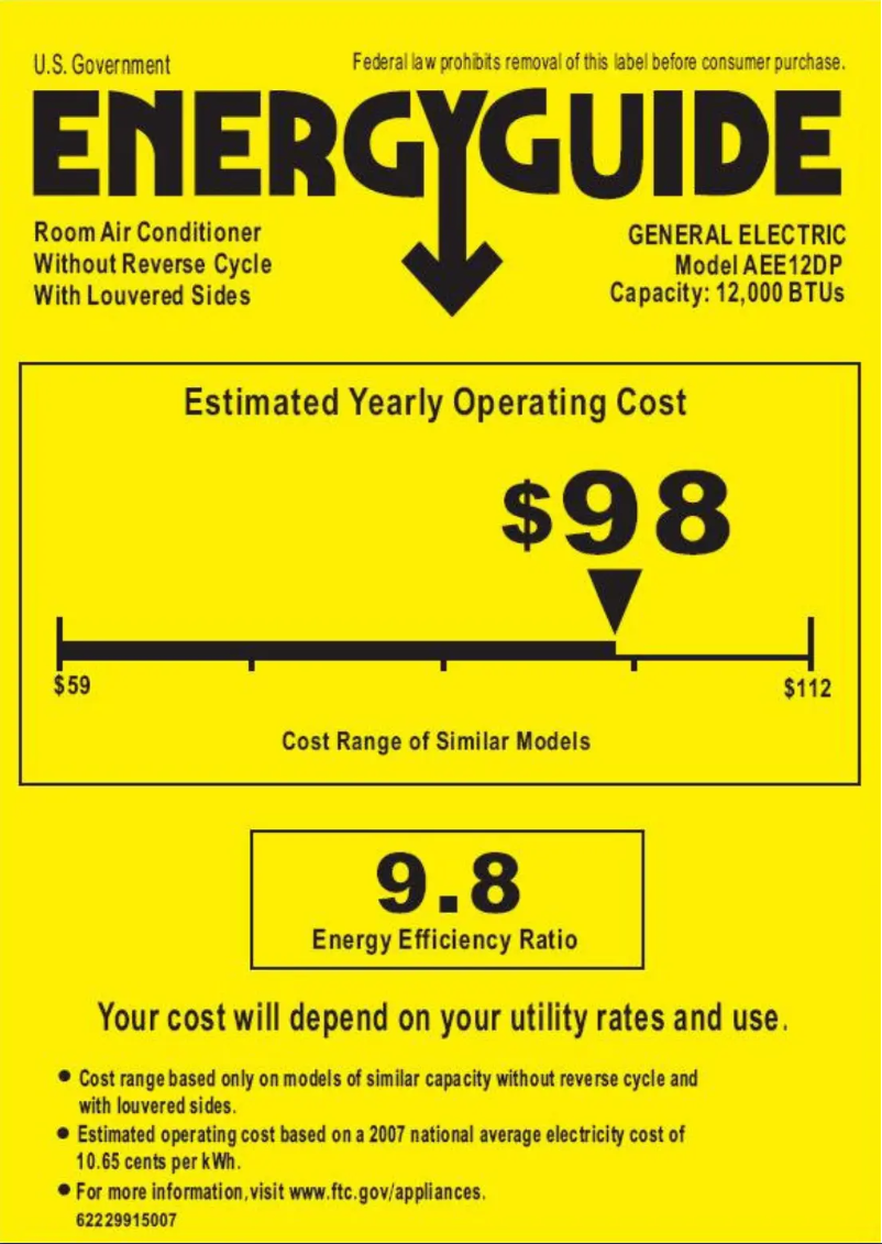 Page n°1 - Label énergétique GE AEE12DP