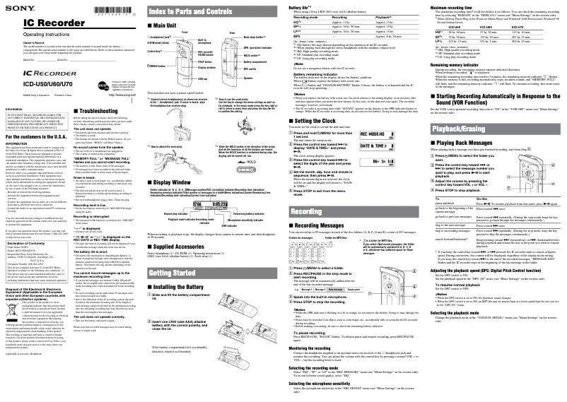 Page 1 de la notice Manuel utilisateur Sony ICD-U50
