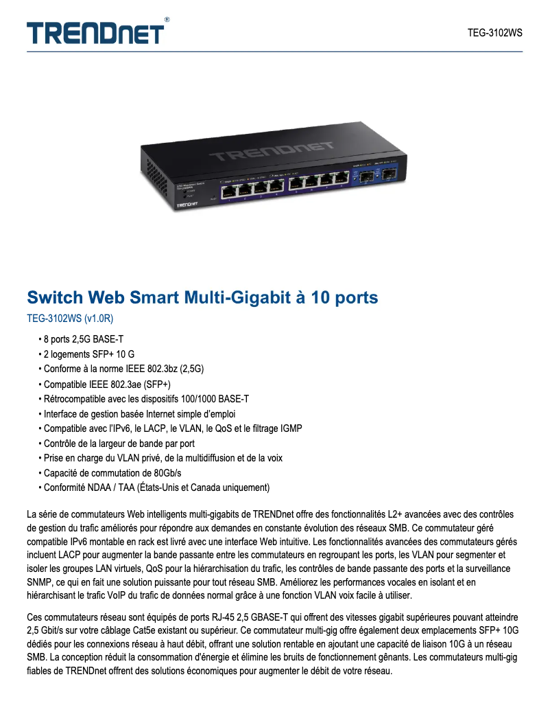 Page n°1 - Fiche technique TRENDnet TEG-3102WS