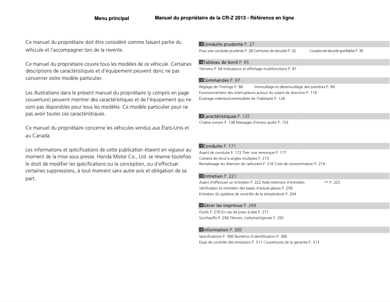 Page 1 de la notice Manuel utilisateur Honda CR-Z (2013)