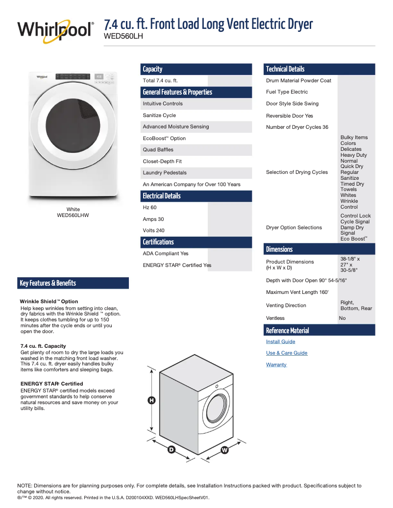 Page n°1 - Fiche technique Whirlpool WED560LHW