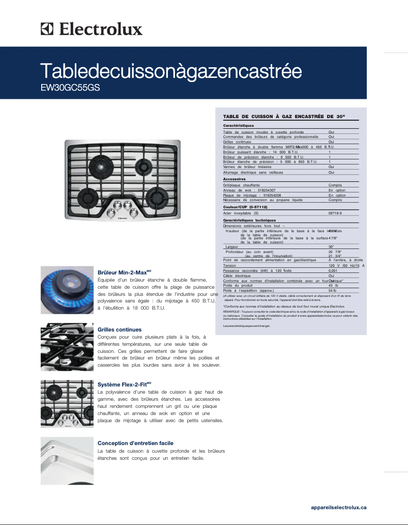 Page 1 de la notice Fiche technique Electrolux EW30GC55GB