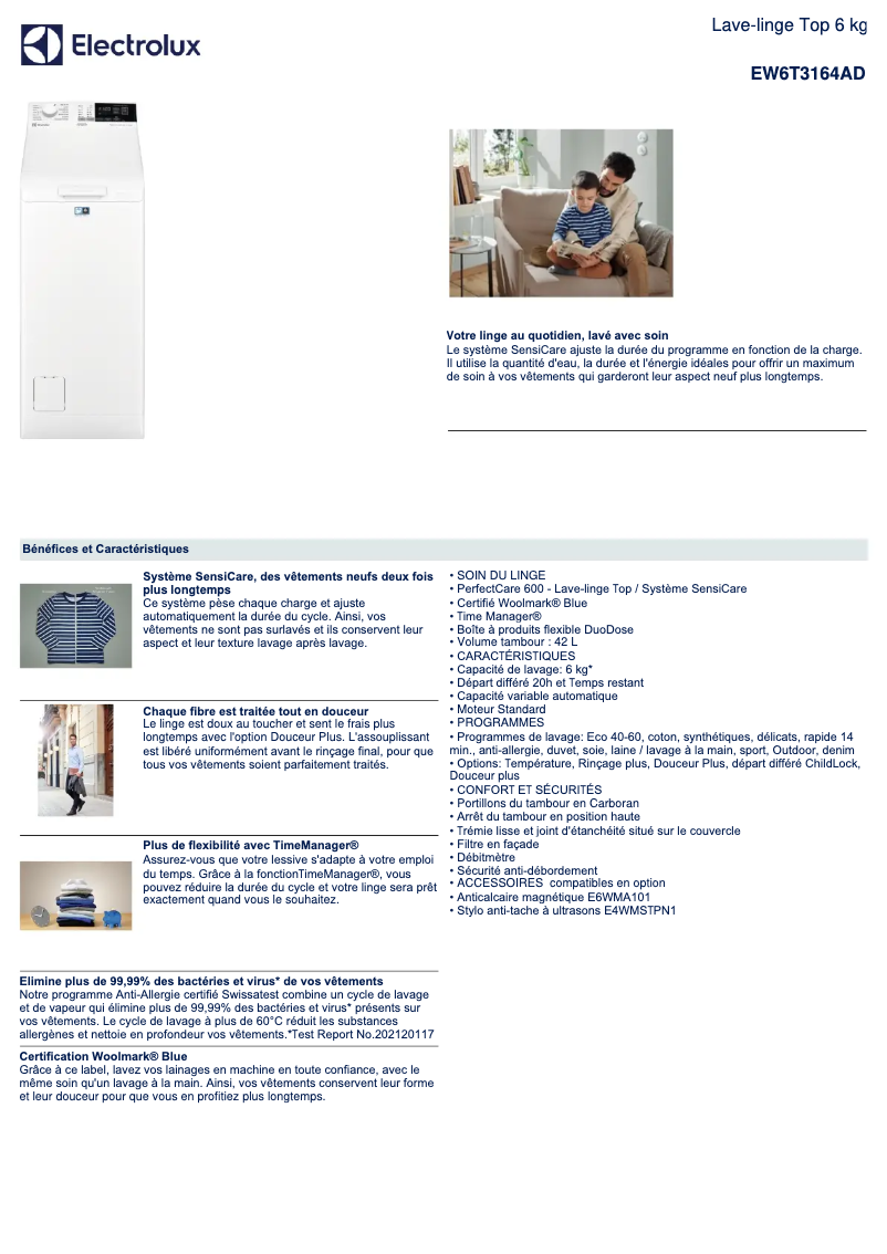 Page 1 de la notice Fiche technique Electrolux EW6T3164AD
