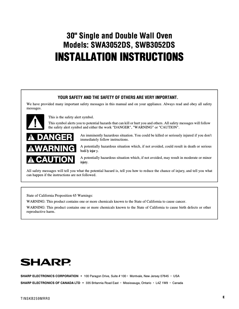 Page n°1 - Guide d'installation Sharp SWB3052DS