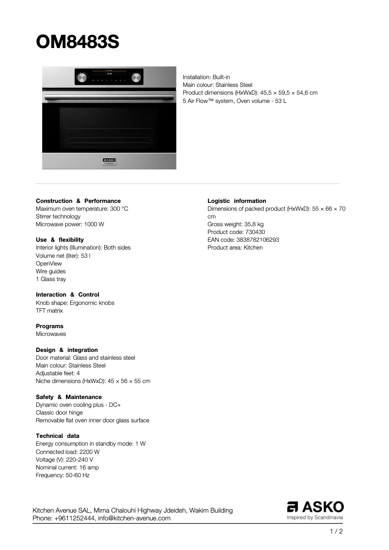 Page 1 de la notice Fiche technique Asko OM8483S