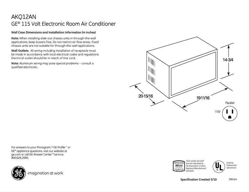 Page 1 de la notice Fiche technique GE AKQ12AN