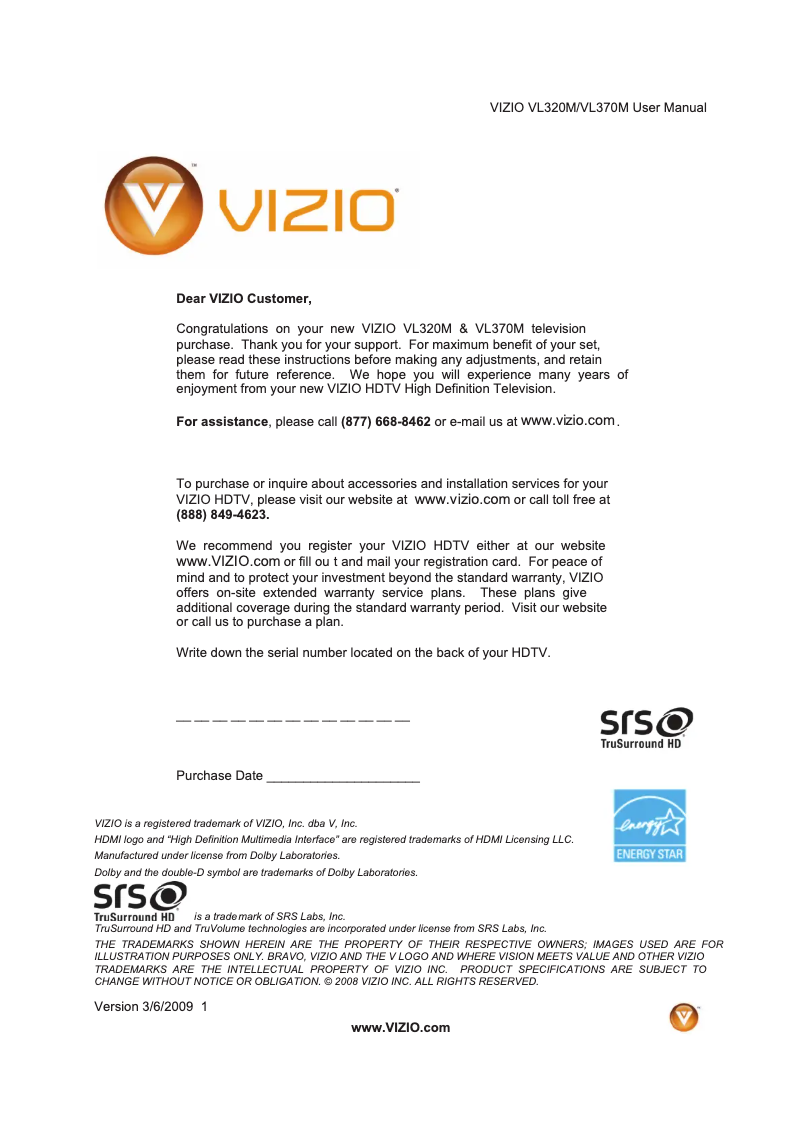 Page 1 de la notice Manuel utilisateur VIZIO VL320M
