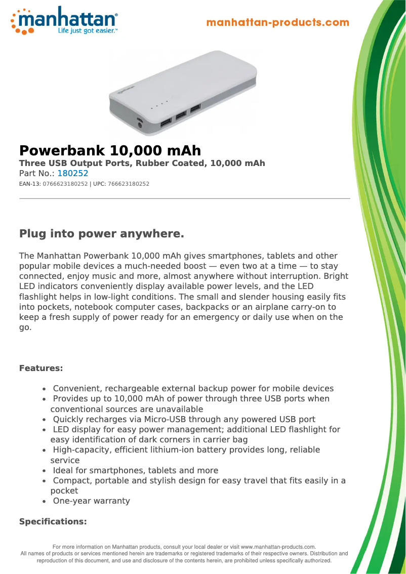 Page 1 de la notice Fiche technique Manhattan 180252