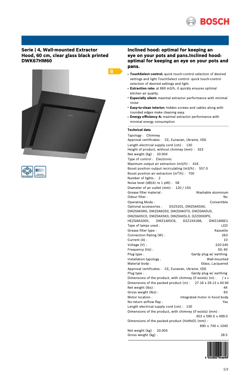 Page 1 de la notice Fiche technique Bosch Serie 6 DWK67HM60