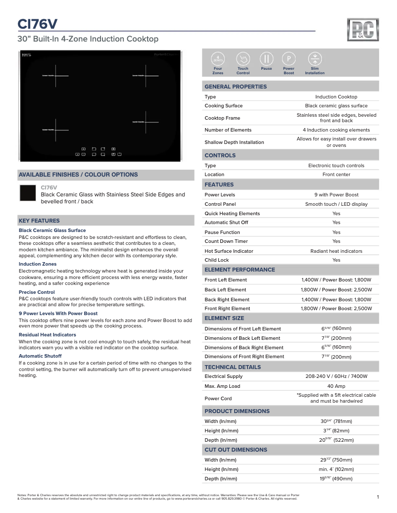 Page 1 de la notice Fiche technique Porter & Charles CI76V