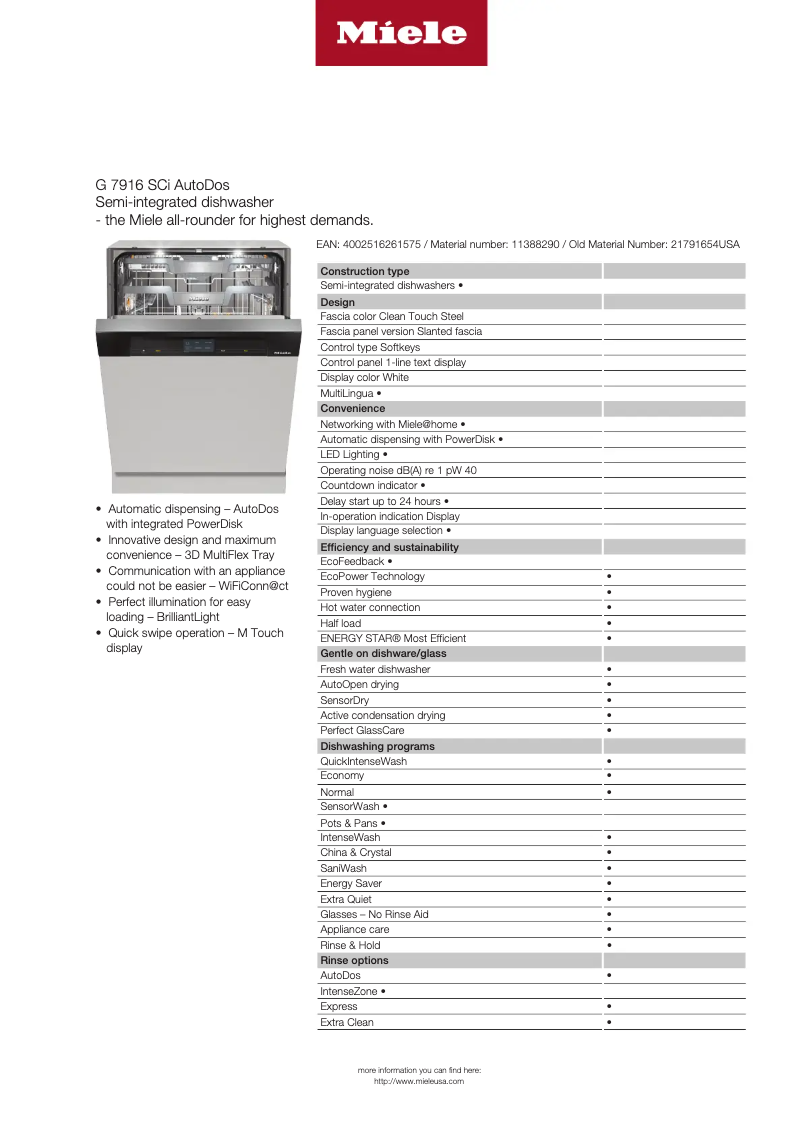 Page n°1 - Fiche technique Miele G 7916 SCi AutoDos