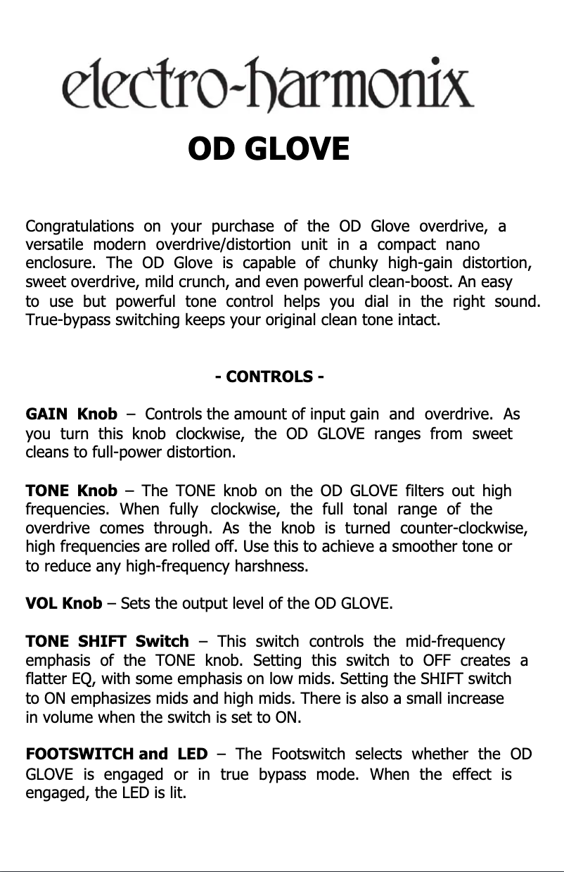 Page n°1 - Manuel utilisateur Electro Harmonix OD Glove