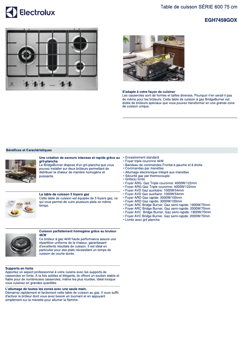 Page 1 de la notice Fiche technique Electrolux EGH7459GOX