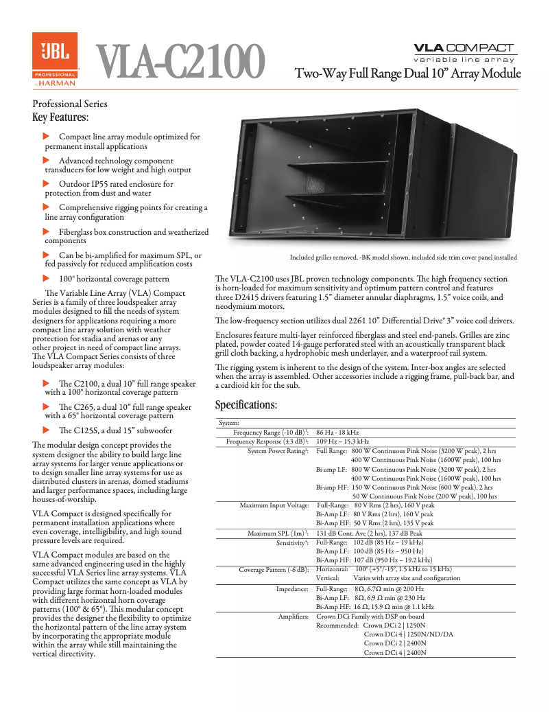 Page 1 de la notice Fiche technique JBL VLA-C2100