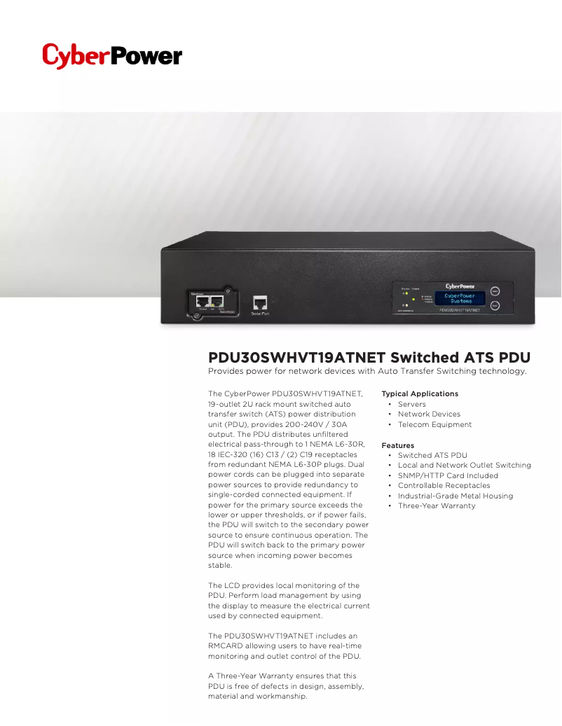 Page n°1 - Fiche technique CyberPower PDU30SWHVT19ATNET