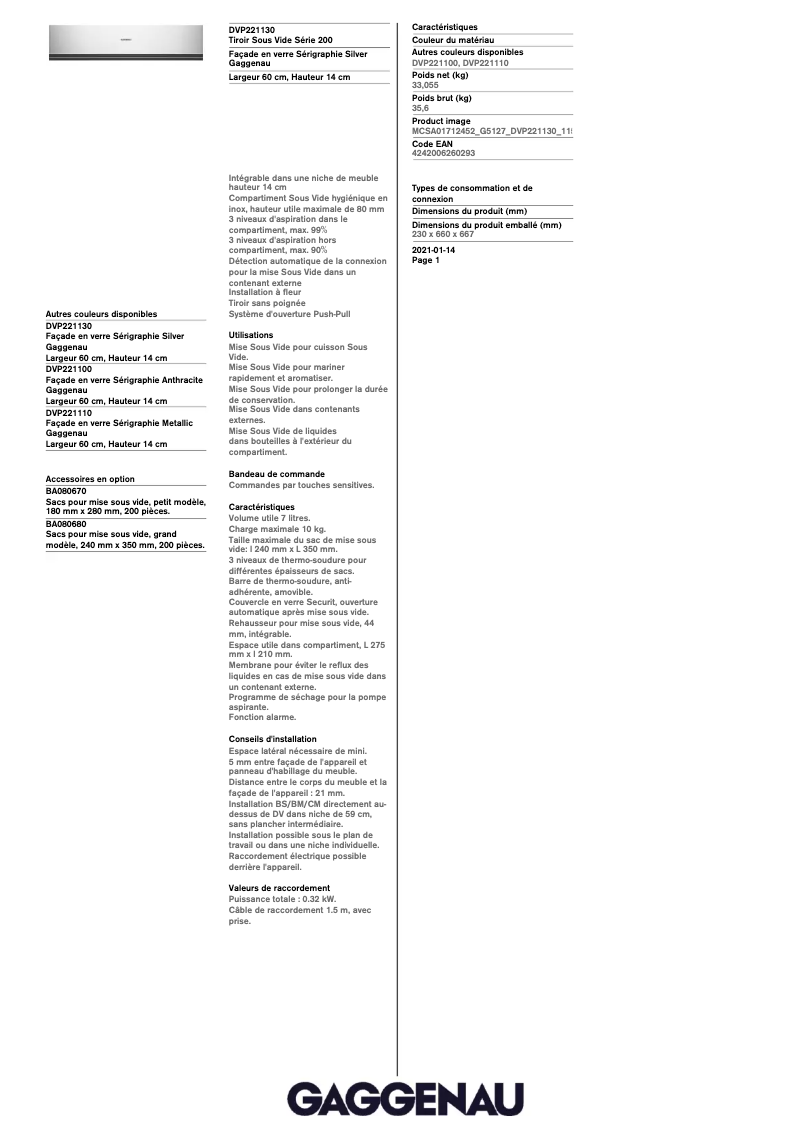 Page n°1 - Fiche technique Gaggenau DVP221130