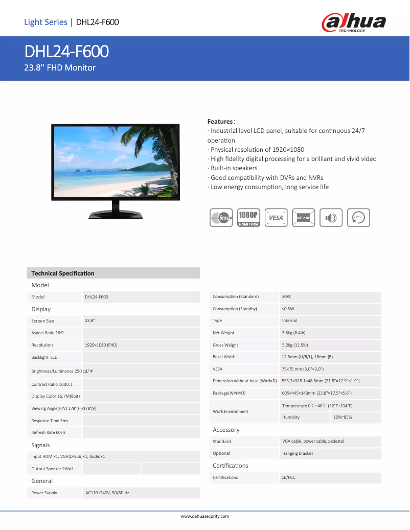Page 1 de la notice Fiche technique Dahua Technology DHL24-F600