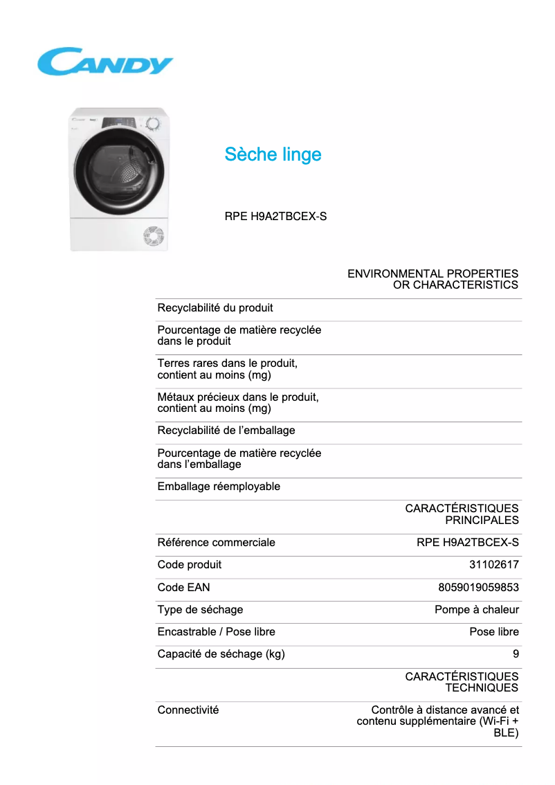 Page 1 de la notice Fiche technique Candy RPE H9A2TBCEX-S