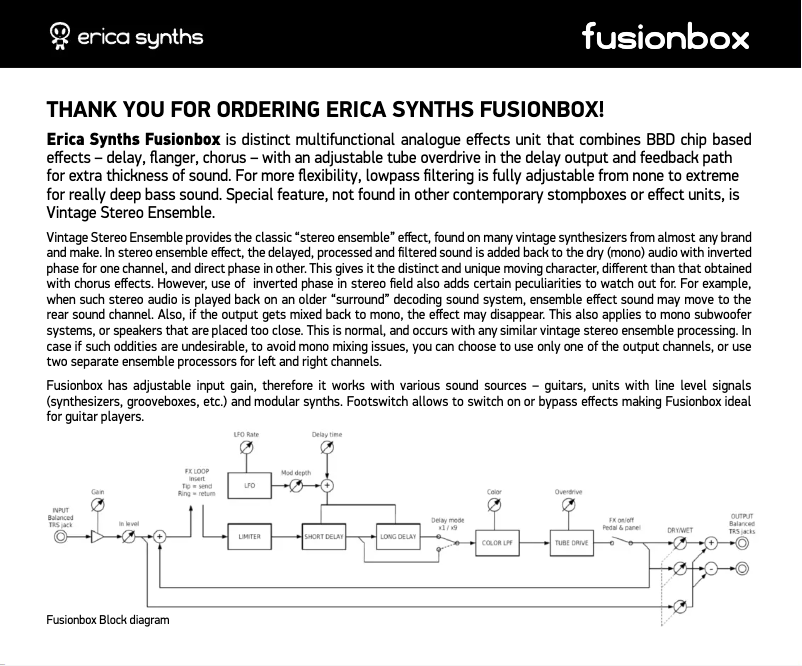 Page 1 de la notice Manuel utilisateur Erica Synths Fusionbox