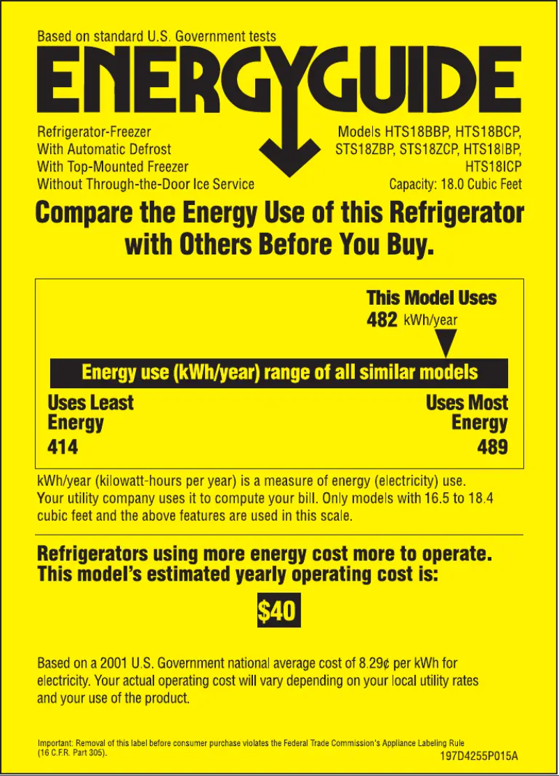 Page n°1 - Label énergétique Hotpoint HTS18IBPWW