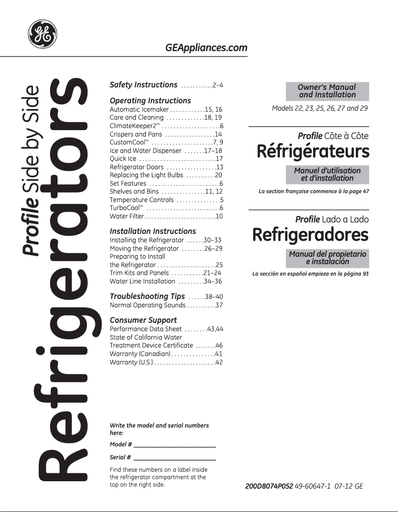 Image de la première page du manuel de l'appareil Profile PSCF5RGXBB