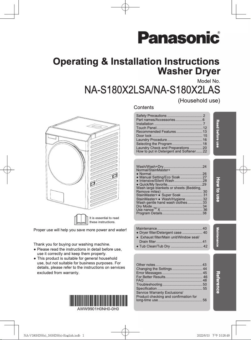 Page 1 de la notice Manuel utilisateur Panasonic NA-S180X2