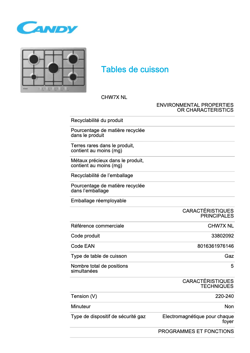 Image de la première page du manuel de l'appareil CHW7X