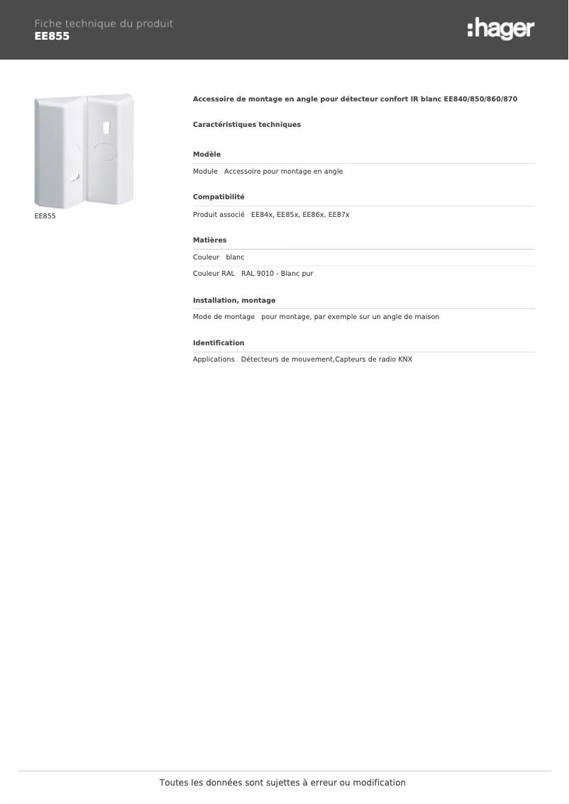 Page 1 de la notice Fiche technique Hager EE855