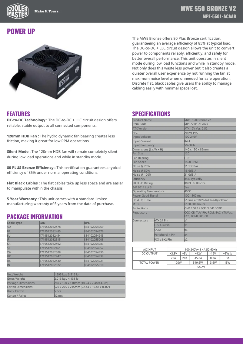 Page 1 de la notice Fiche technique Cooler Master MWE 550 Bronze
