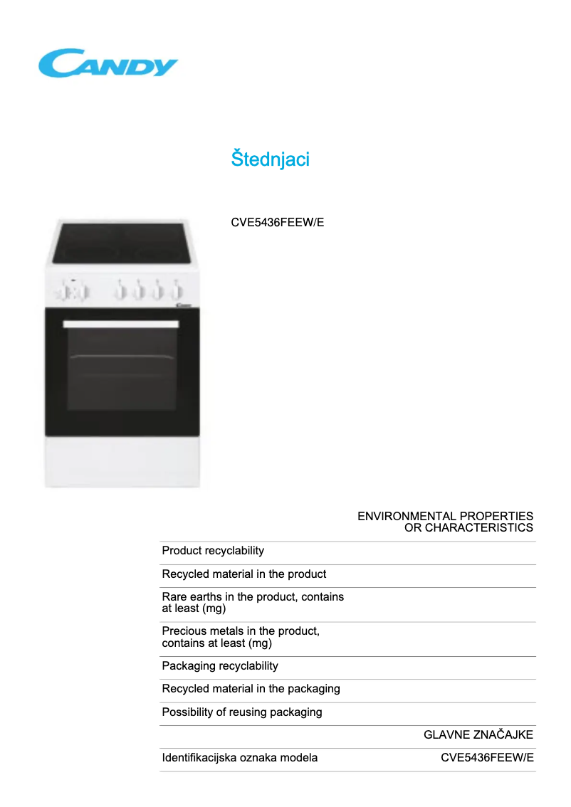 Page 1 de la notice Fiche technique Candy CVE5436FEEW