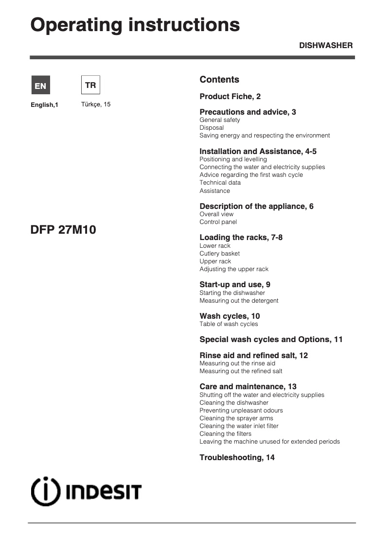Page n°1 - Manuel utilisateur Indesit DFP 27M10 EU