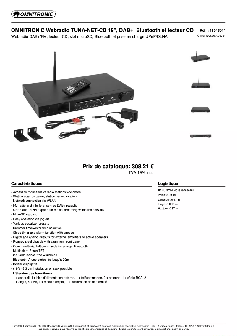 Page 1 de la notice Fiche technique Omnitronic TUNA-NET-CD
