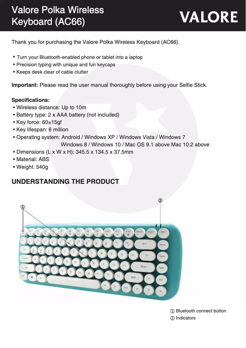 Page 1 de la notice Manuel utilisateur Valore AC66