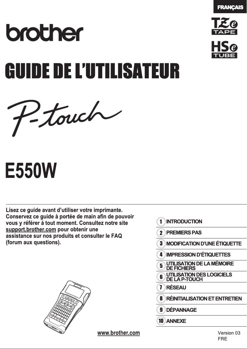 Page 1 de la notice Manuel utilisateur Brother P-Touch PT-E550W