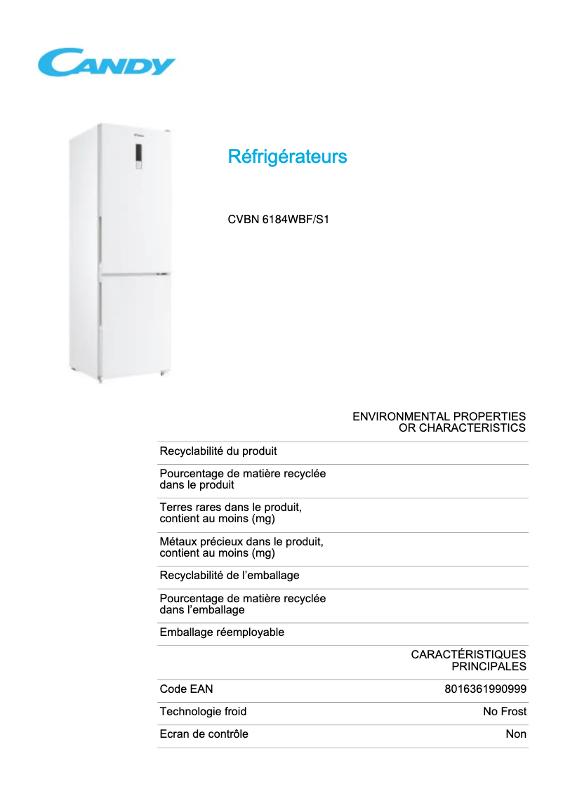 Page 1 de la notice Fiche technique Candy CVBN 6184WBF/S1
