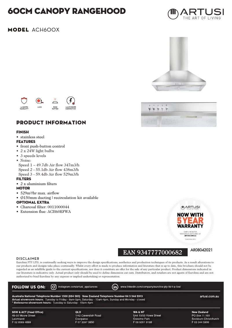 Page 1 de la notice Fiche technique Artusi ACH600X