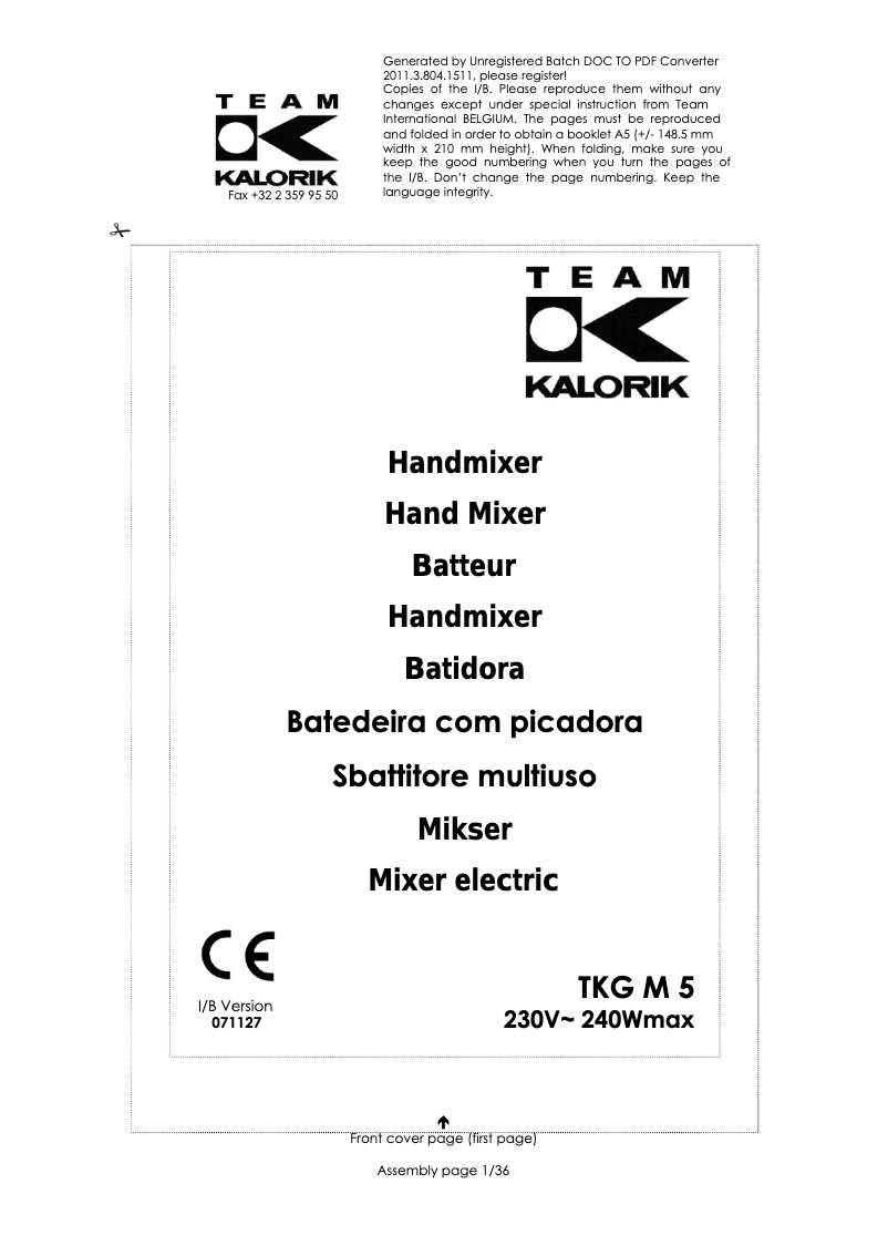 Page 1 de la notice Manuel utilisateur Kalorik TKG M 5