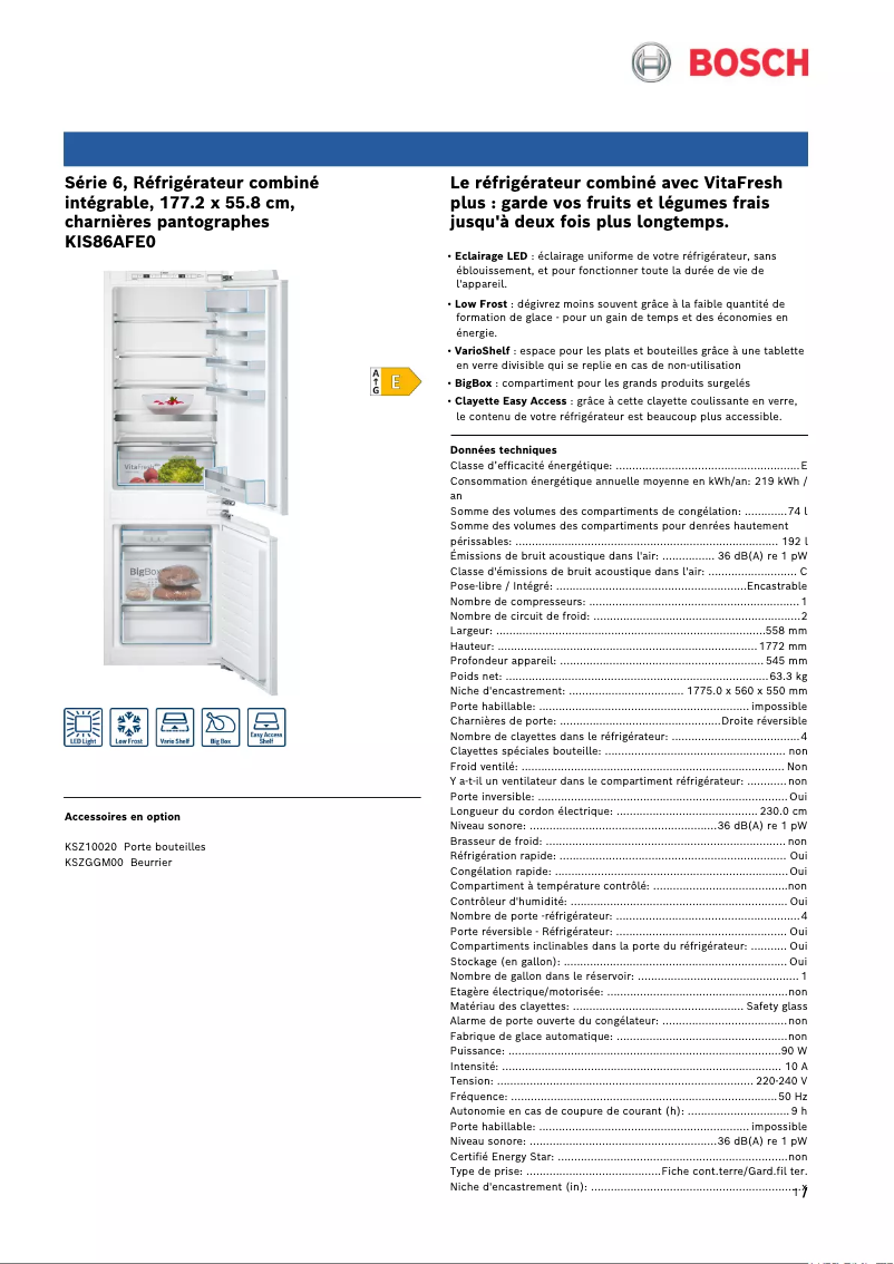 Page 1 de la notice Fiche technique Bosch KIS86AFE0