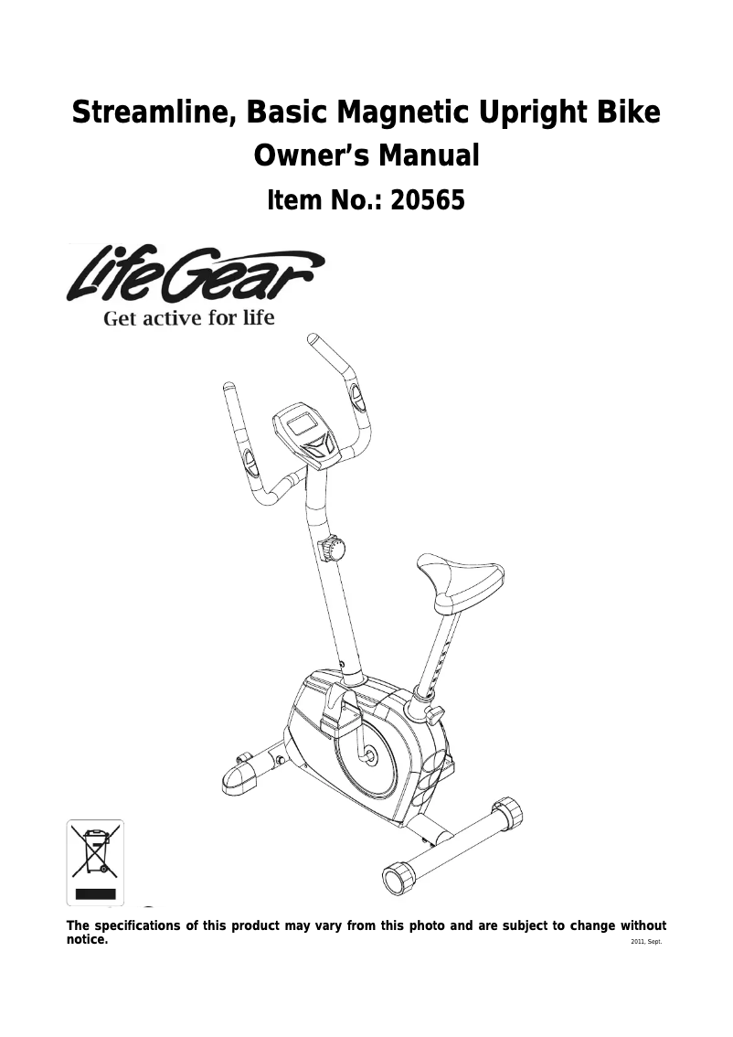 Page n°1 - Manuel utilisateur Life Gear Streamline Basic Magnetic Upright Bike 20565