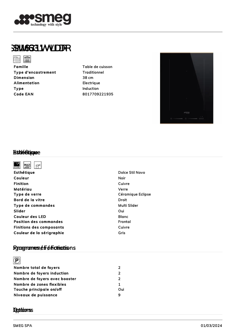 Page 1 de la notice Fiche technique Smeg SIM631WLDR