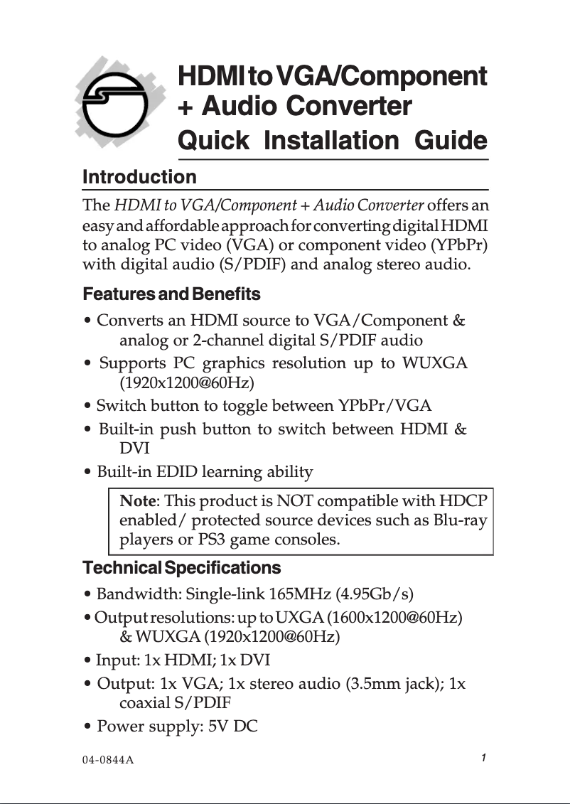 Page n°1 - Manuel utilisateur Siig CE-H21611-S1 video converter