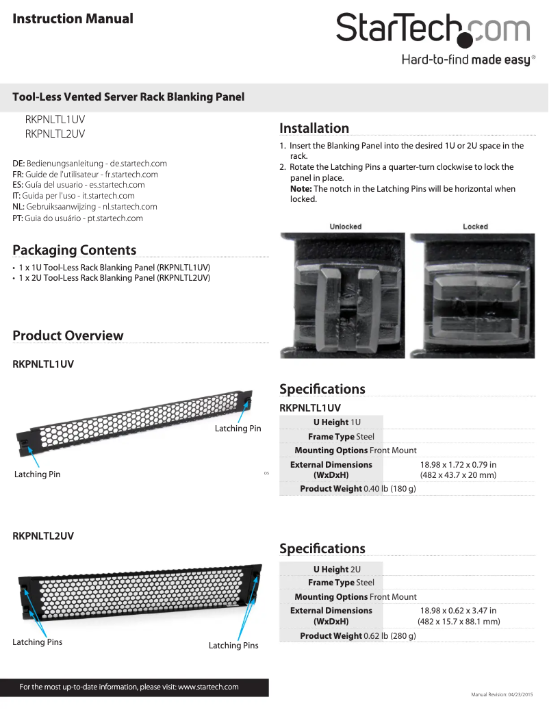 Page n°1 - Manuel utilisateur StarTech.com RKPNLTL1UV