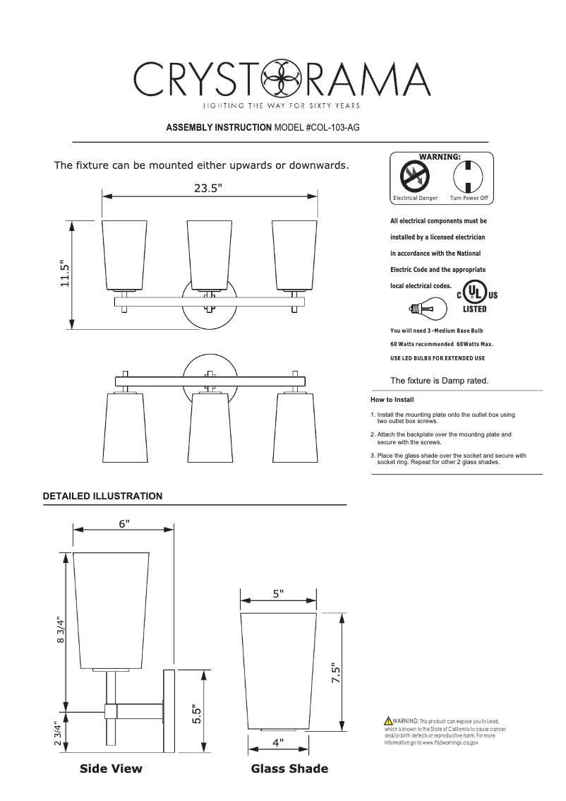 Page n°1 - Manuel utilisateur Crystorama Colton COL-103-AG