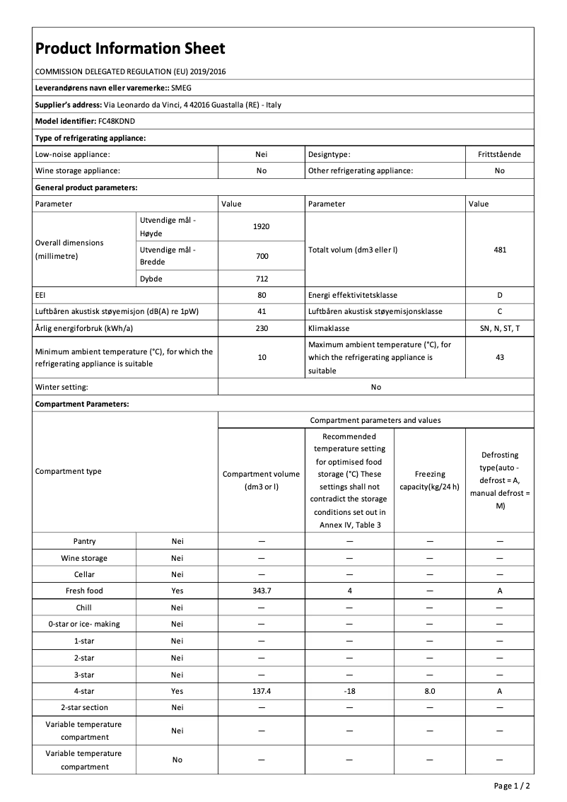 Page 1 de la notice Fiche technique Smeg FC48KDND