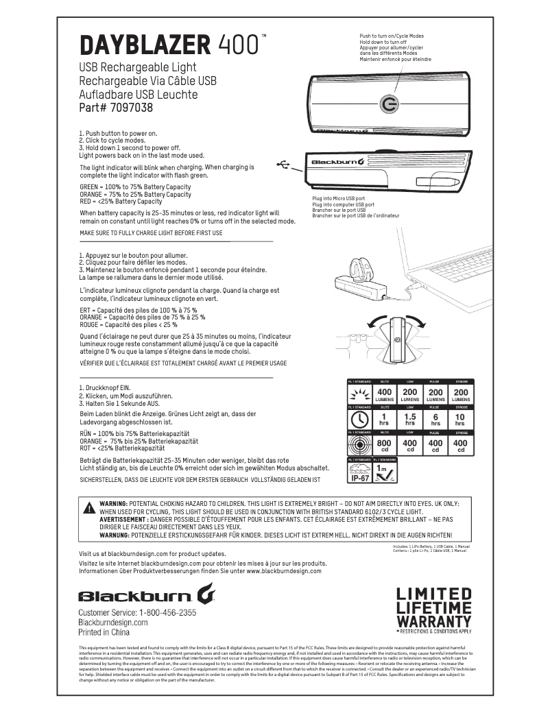 Page 1 de la notice Manuel utilisateur Blackburn Dayblazer 400