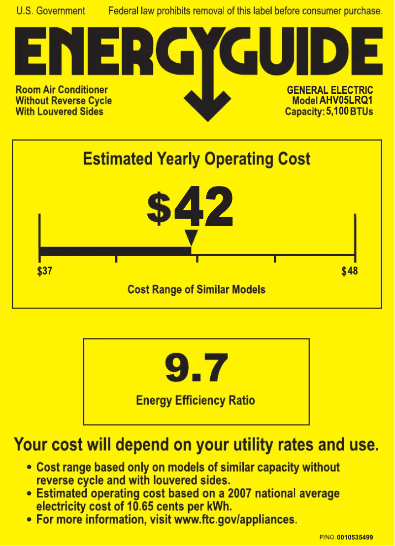 Page 1 de la notice Label énergétique GE AHV05LR