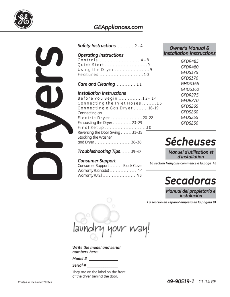 Page n°1 - Guide d'installation GE GFDR270EHWW