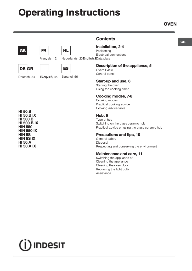 Page n°1 - Manuel utilisateur Indesit HI 50.A (BK)