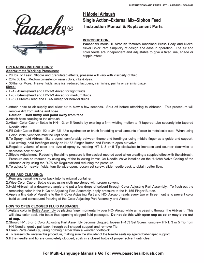 Page 1 de la notice Manuel utilisateur Paasche H-3AS